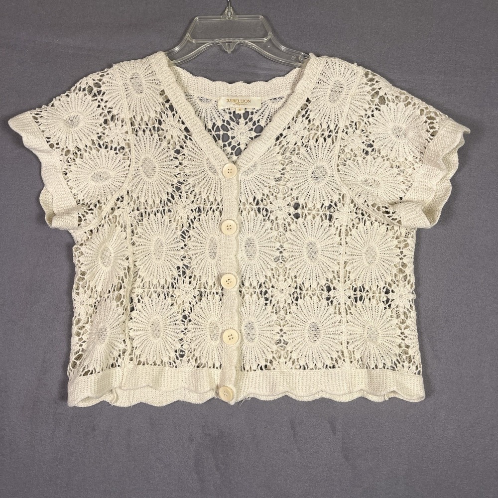 Rebellion Again Crochet Button Front Floral Boho Cardigan Beige Sz Medium